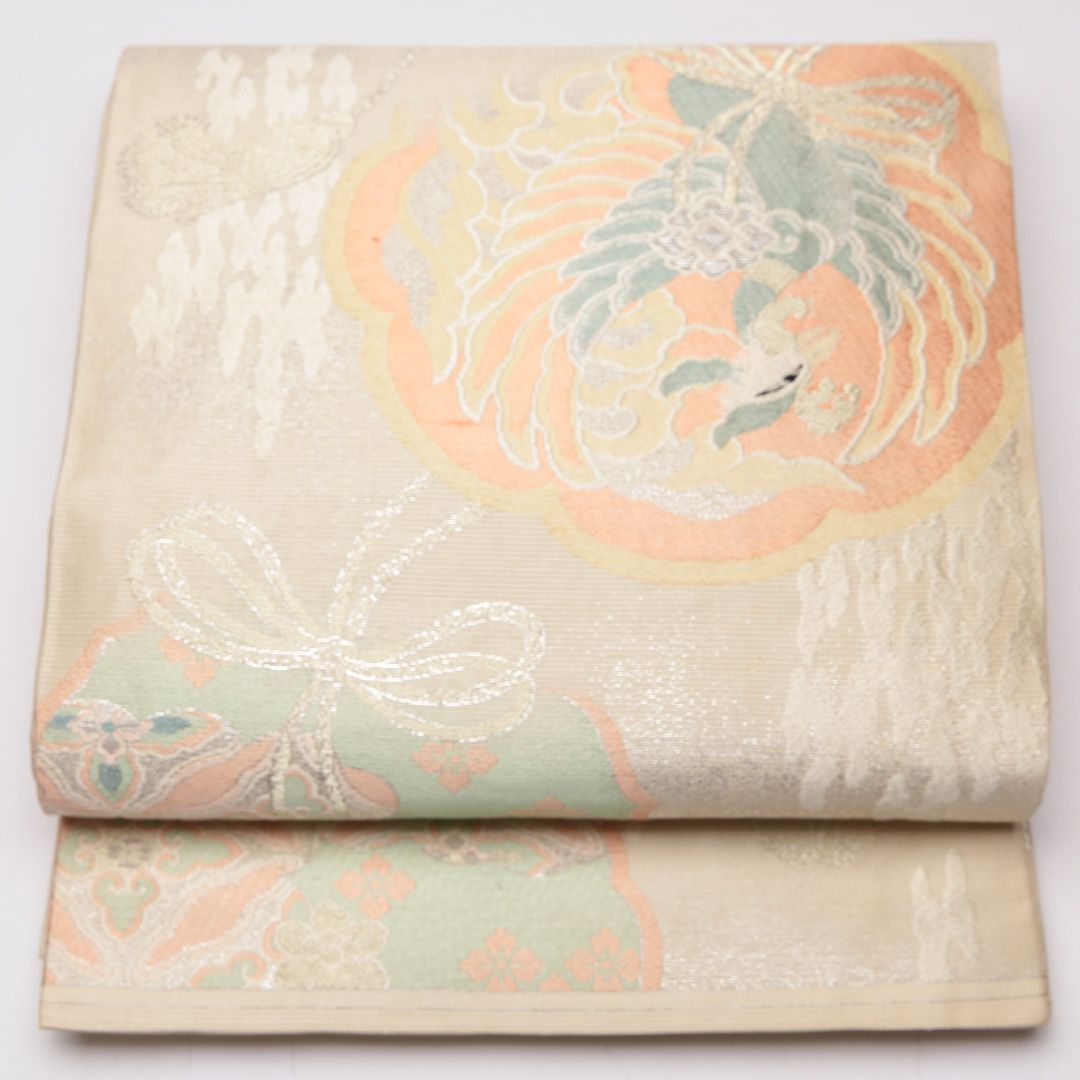 お買い得品！アンティーク 夏物 丸帯 帯丈404cm 正絹 全通 鏡裏文 鳳凰 銀箔 クリーム系 1242-01258