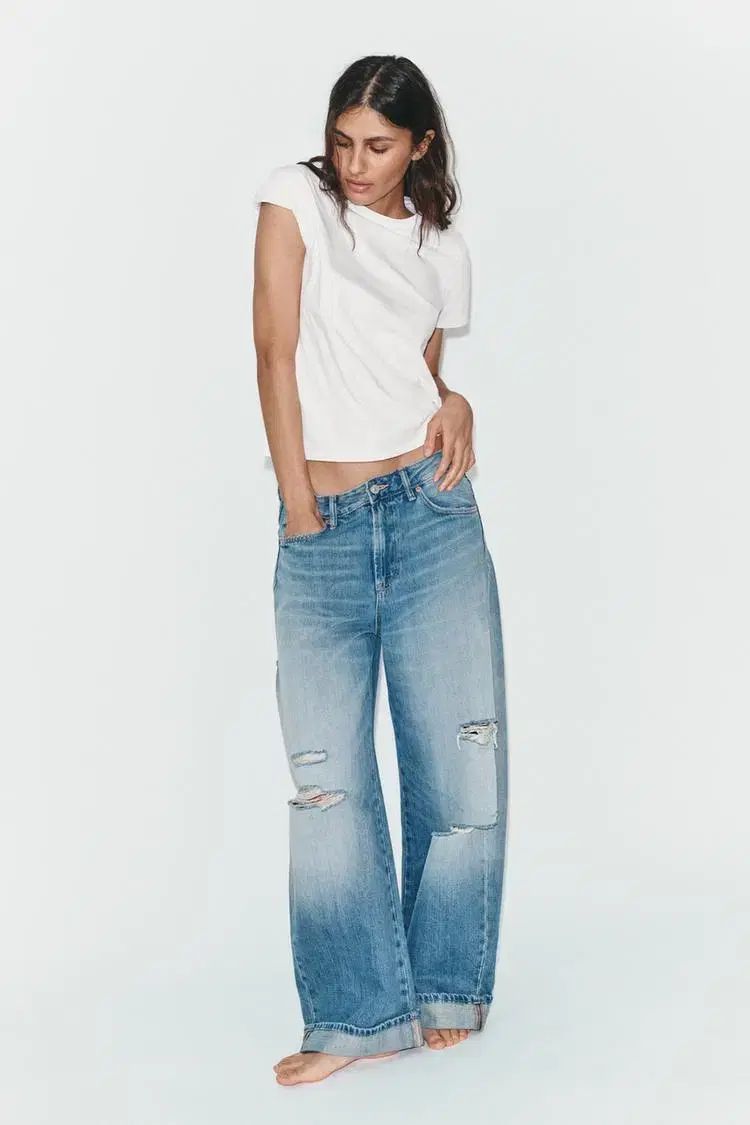 ザラ JEANS TRF BAGGY FOLDED ダメージ ミッドライズ
