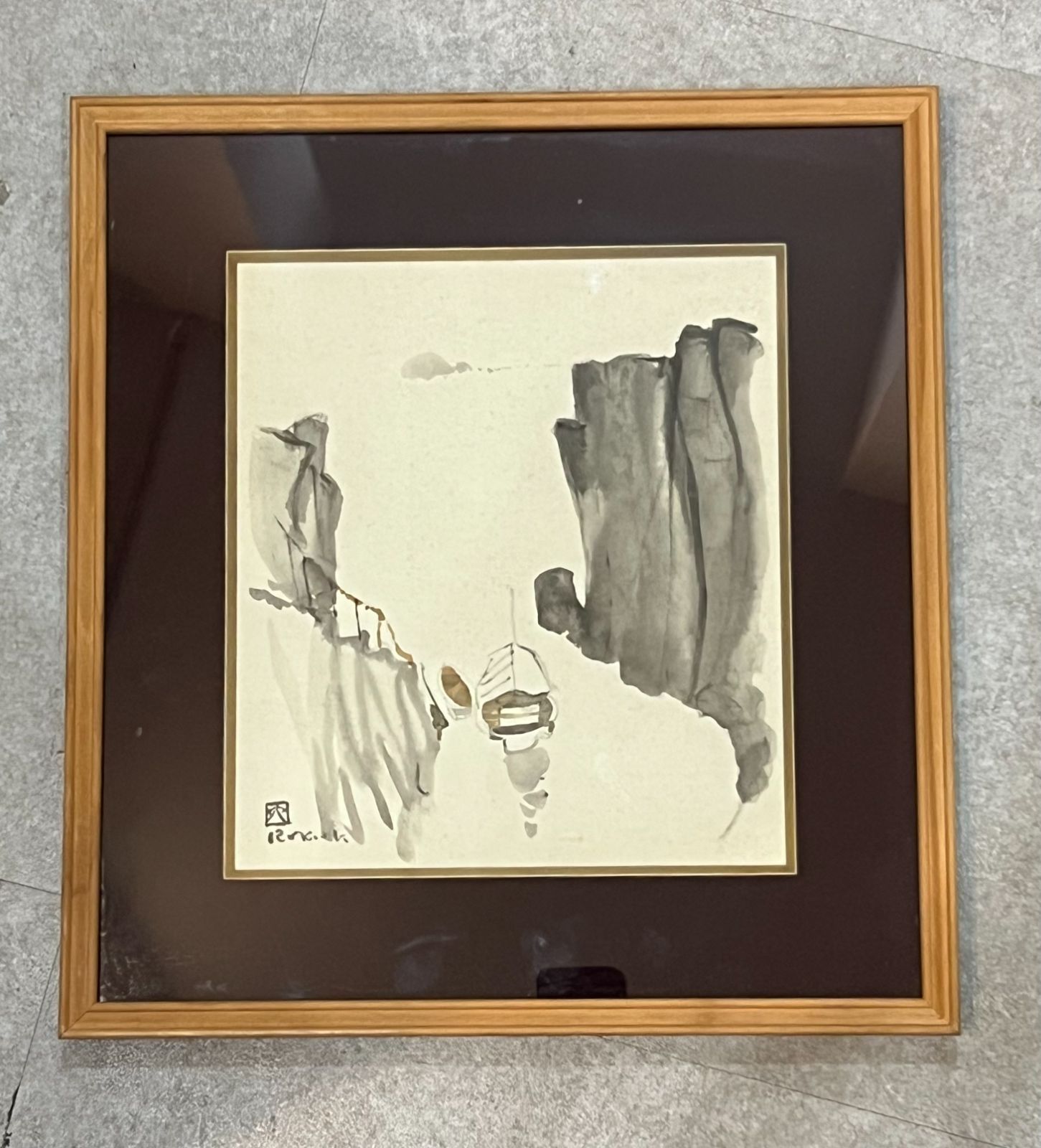 水墨画「峡谷を行く舟」サイン・落款有 額装