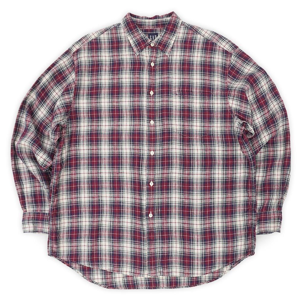 オールドギャップ OLD GAP 00s 2000年代 レギュラカラー リネンシャツ 長袖 Linen 麻 USA ヴィンテージ アメリカ 古着 メンズ シャツ レッド系 チェック柄 XL【中古】