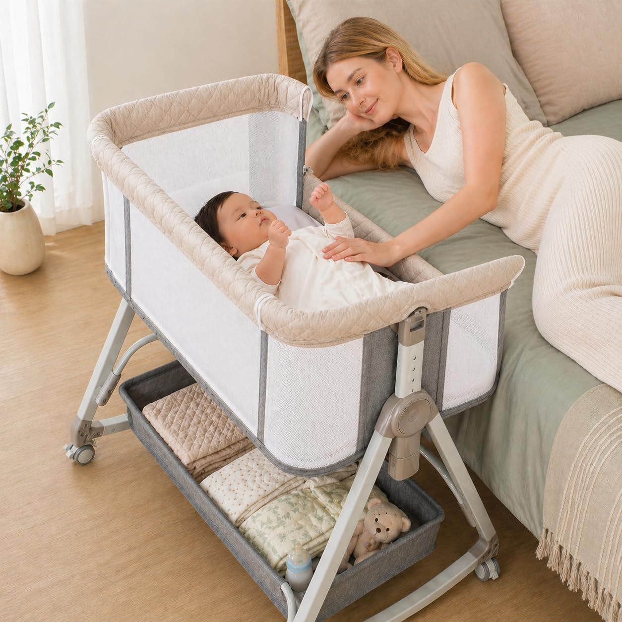 ☆新品☆ベビーベッド 添い寝ベッド グレー 乳児用ベッド 多機能 高さ6段階調節可能 キャスター付き 組み立て簡単 ゆりかご機能付き ベビーラック 通気性 新生児ベッド 出産祝い 0ヶ月?6ヶ月対応 4ed7e134