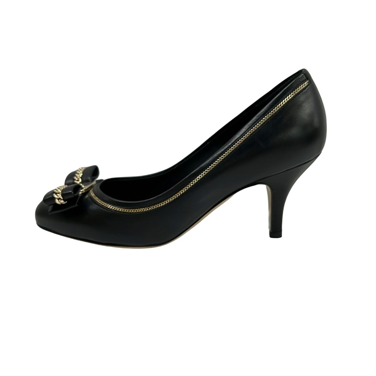 FERRAGAMO/SalvatoreFerragamo(サルバトーレフェラガモ) パンプス 3 1/2 D レディース - 黒×ゴールド チェーン/ヴァラ レザー