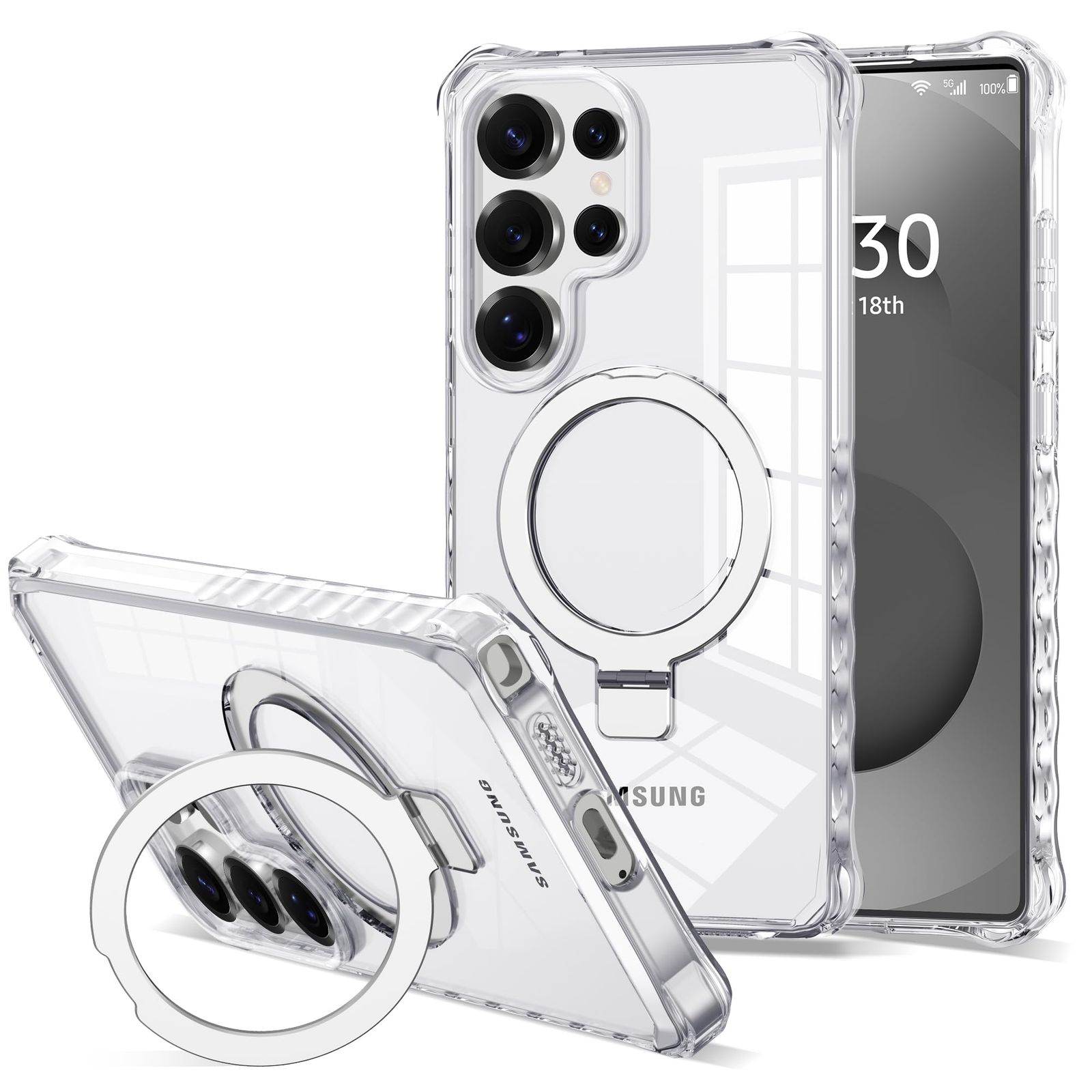 JQRZAOAK クリア Samsung Galaxy S2025 ケース 6.9インチ 磁気リングスタンド付き [Mag-Safe対応] ミリタリーグレード ウェーブフレーム スマホケース S25 Ultra用、クリア