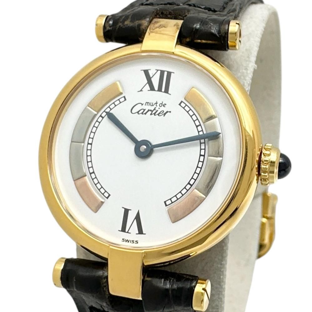 【CARTIER/カルティエ】W1006554 腕時計 シルバー925/レザー/GPメッキ クオーツ ホワイト文字盤/ブラックレザー レディース 【中古】【真子質店】【GD】