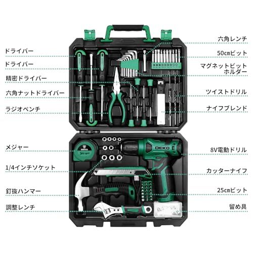 【8V電動ドリル付き】 工具セット 126点組 ピンク ホームツールセット 家庭用 ツールセット 日曜大工 DIYセット 作業工具セット 家具の組み立て 住まいのメンテナンス用 修理道具セット 便利な収納ケース付き (グリーン) 国内発送 1a47d0df