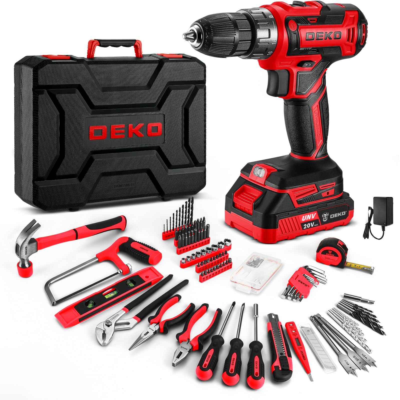 【20V電動ドリル付き】186点本組 工具セット ホームツールセット 家庭用 ツールセット 日曜大工 DIYセット 作業工具セット 家具の組み立て 住まいのメンテナンス用 修理道具セット 便利な収納ケース付き 赤 国内発送 1725aa8b