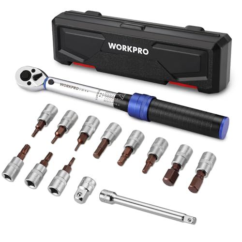 WORKPRO トルクレンチ 14点組 差込角6.35mm(1/4インチ) プレセット型 ビットソケット エクステンションバー付き 2?26N・m 回転方向切替簡単 速脱ボタン 自転車 バイク 修理レンチ 整備工具 道具 収納ケース付き 校正 6f49263d