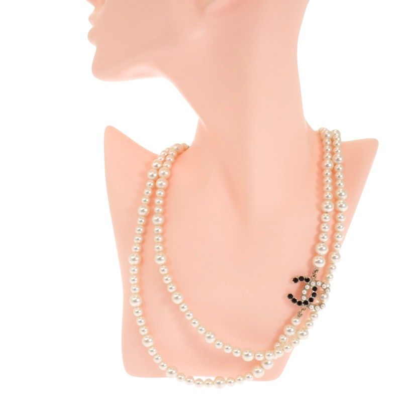 シャネル CHANEL CCパールロング ネックレス メタル フェイクパール ホワイト 白 ブラック 黒 ゴールド金具 レディース ペンダント 保存箱付属 上品 ココマーク【中古】【ABランク】
