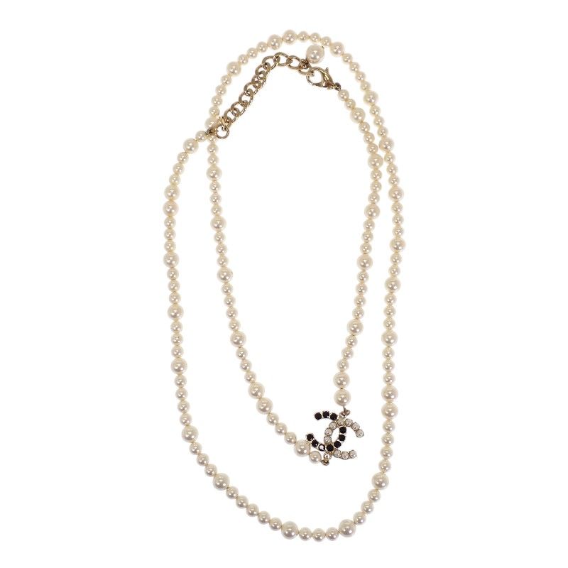 シャネル CHANEL CCパールロング ネックレス メタル フェイクパール ホワイト 白 ブラック 黒 ゴールド金具 レディース ペンダント 保存箱付属 上品 ココマーク【中古】【ABランク】