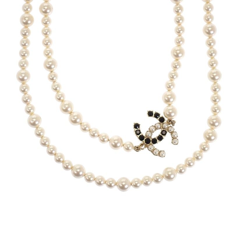 シャネル CHANEL CCパールロング ネックレス メタル フェイクパール ホワイト 白 ブラック 黒 ゴールド金具 レディース ペンダント 保存箱付属 上品 ココマーク【中古】【ABランク】