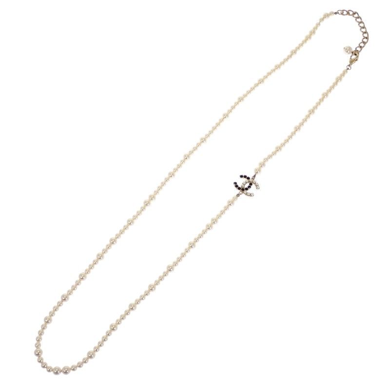 シャネル CHANEL CCパールロング ネックレス メタル フェイクパール ホワイト 白 ブラック 黒 ゴールド金具 レディース ペンダント 保存箱付属 上品 ココマーク【中古】【ABランク】