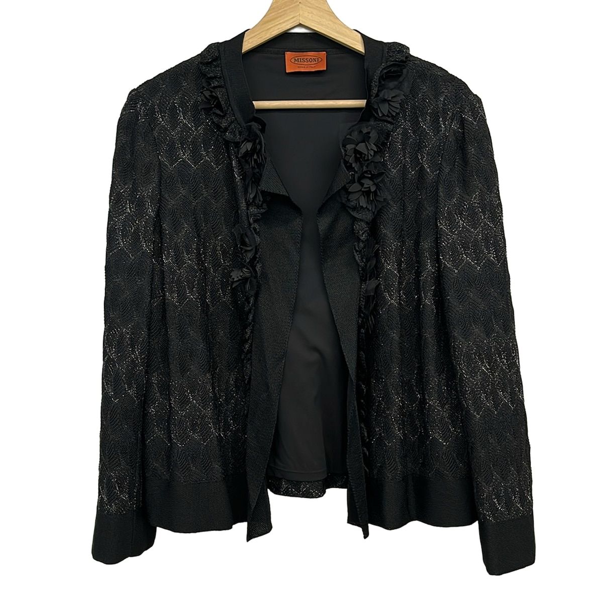 MISSONI(ミッソーニ) ブルゾン サイズ48 XL レディース美品 - 黒 長袖/ニット/ラメ/フラワー(花)/春/秋