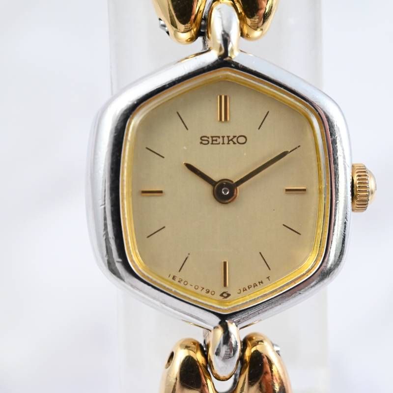 SEIKO セイコー 1E20-0790 レディース ヴィンテージ 六角形 ヘキサゴン ケース シャンパン文字盤 オーバルリンクブレス ツートン 日本製 稼働品 電池交換済
