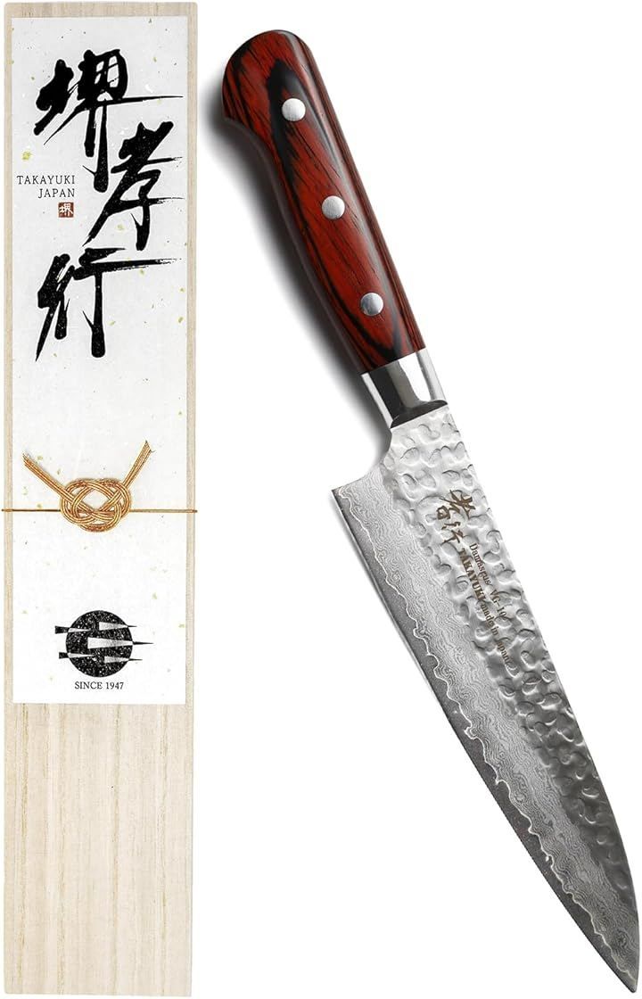 KitcheNavi 堺孝行 プロの料理人が愛用。600年の伝統技術 ダマスカス 33層槌目 牛刀包丁 180mm マホガニー柄 日本製 ステンレス鋼 V金10号 (ダークブラウン, 180 mm)