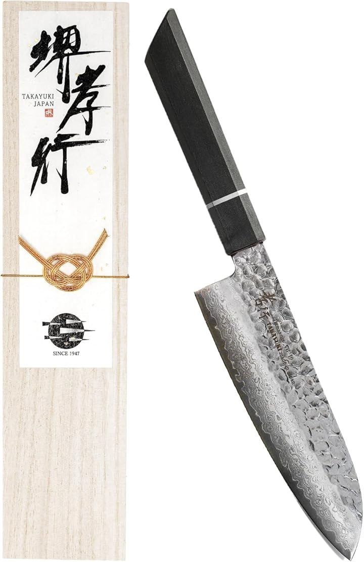 KitcheNavi 堺孝行 600年の継承技術。プロの料理人が愛用 閃黒 ダマスカス 33層槌目 三徳包丁 170mm 樫漆柄 日本製 ステンレス鋼 V金10号 vg10 青木刃物製作所 (シルバー, 170 mm)