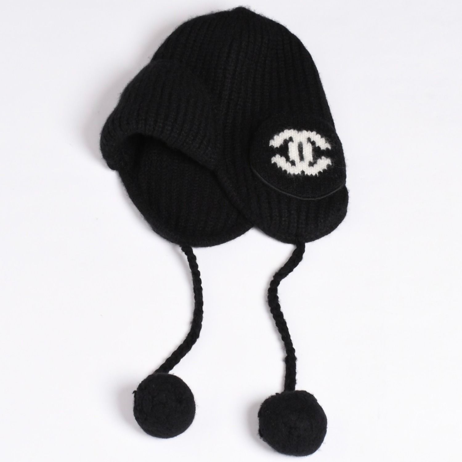 新品未使用 CHANEL シャネル 26AW フライトキャップ パイロットキャップ ボンボン付き ニット帽 AAB271 ココマーク カシミヤ シルク ブラック 中古 4a001771