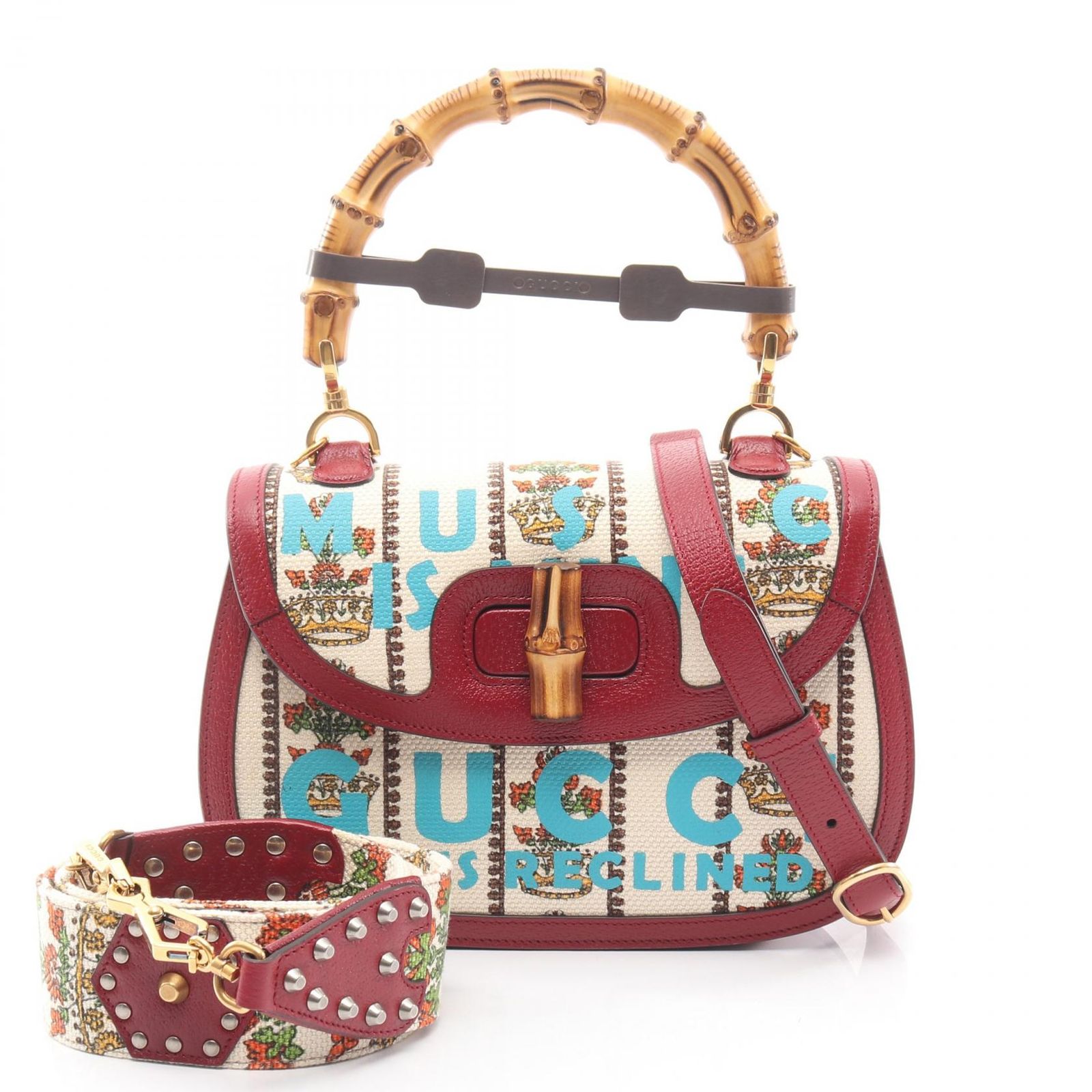 グッチ GUCCI ハンドバッグ MUSIC IS MINE バンブー 679632 ホワイト/ワインレッド/マルチ キャンバス レザー バンブー1947 MUSIC IS MINE 2wayショルダー レディース Used A