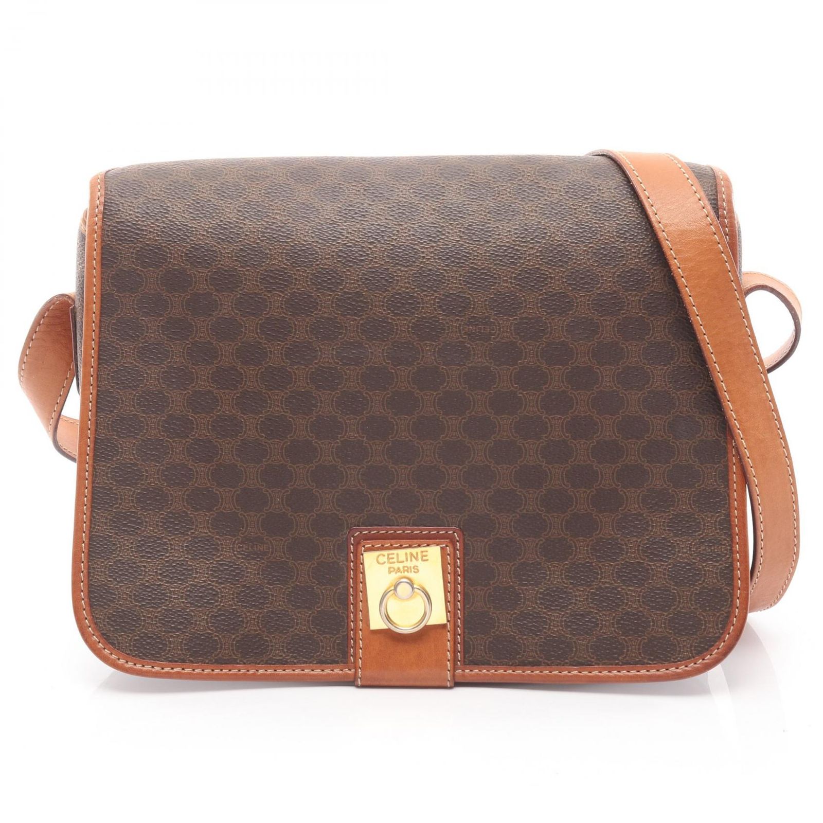 セリーヌ CELINE ショルダーバッグ マカダム ダークブラウン PVCコーティングキャンバス レザー マカダム ショルダーバッグ レディース Used B