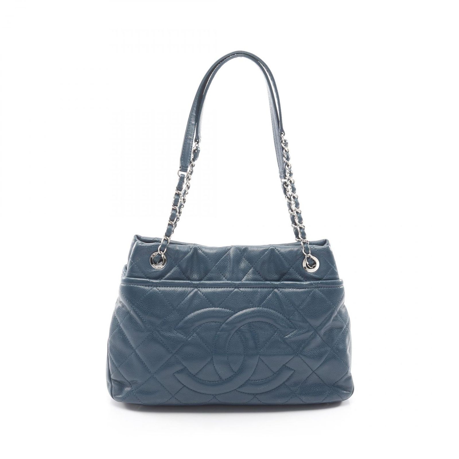シャネル CHANEL トートバッグ マトラッセ ネイビー キャビアスキン(グレインドカーフ) デカココ チェーントート レディース Used A