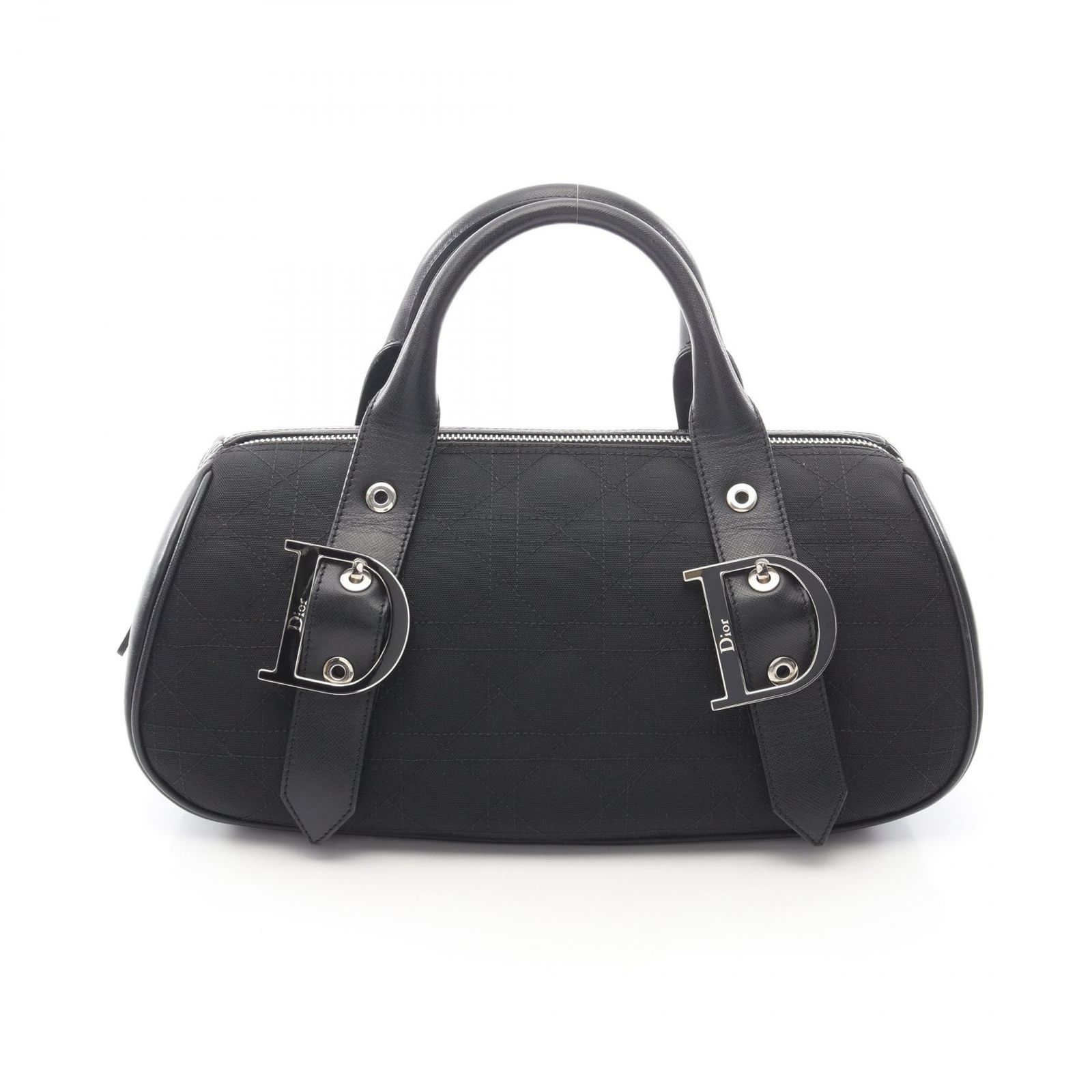 ディオール Dior トートバッグ カナージュ Dﾏｰｸに欠け有 ブラック キャンバス レザー カナージュ Dバックル ボストンバッグ レディース Used A