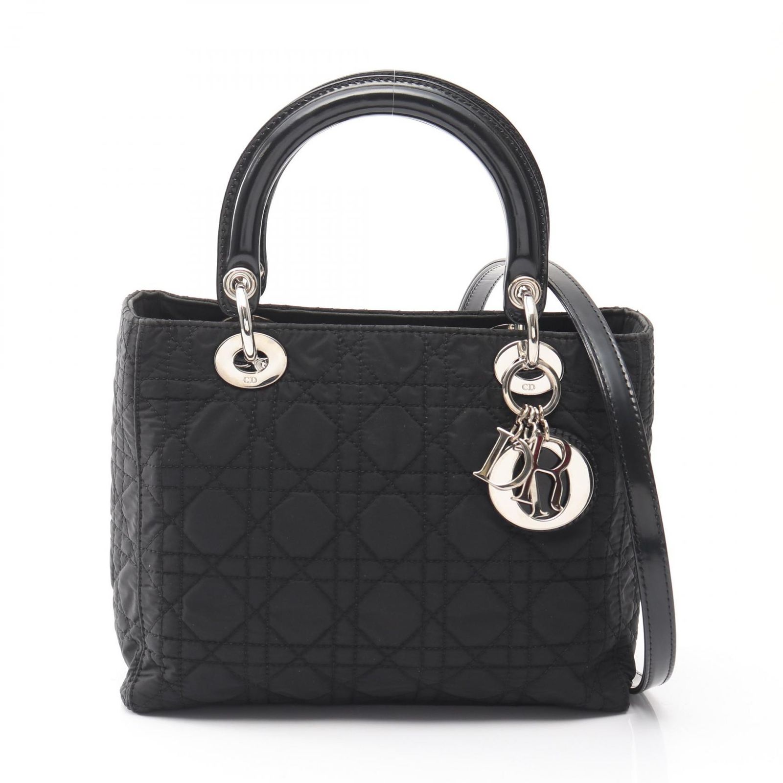 ディオール Dior ハンドバッグ LADY DIOR レディディオール ブラック ナイロン レザー レディディオール カナージュ 2wayトート レディース Used B