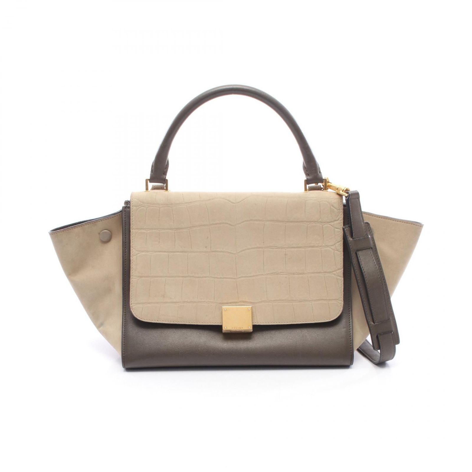 セリーヌ CELINE ハンドバッグ トラペーズ スモール クロコ型押し 2WAY ベージュ/グレー レザー レザー トラペーズ スモール レディース Used A