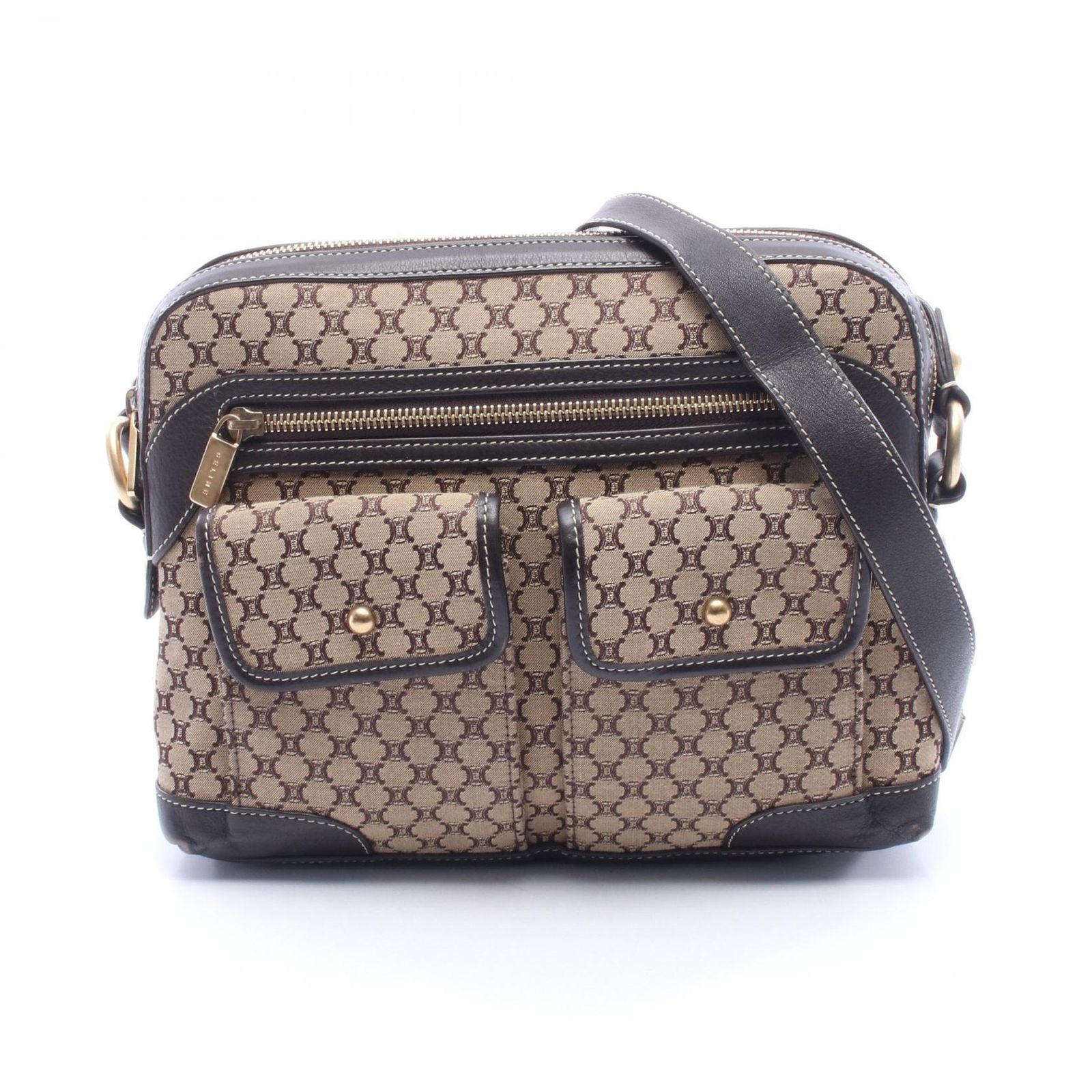 セリーヌ CELINE ショルダーバッグ マカダム ベージュ/ダークブラウン キャンバス レザー マカダム ショルダー レディース Used B