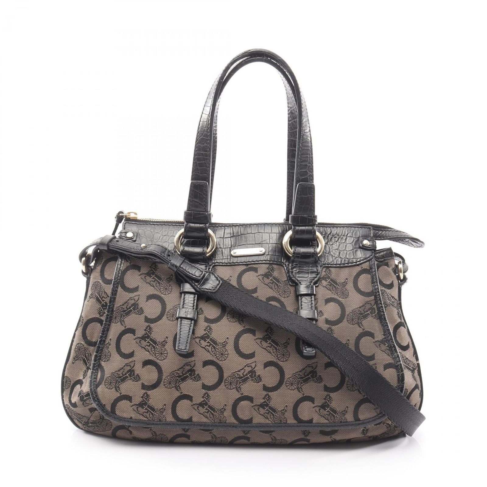 セリーヌ CELINE ハンドバッグ Cマカダム ブラック/ゴールド キャンバス レザー サルキー 2wayハンド レディース Used B