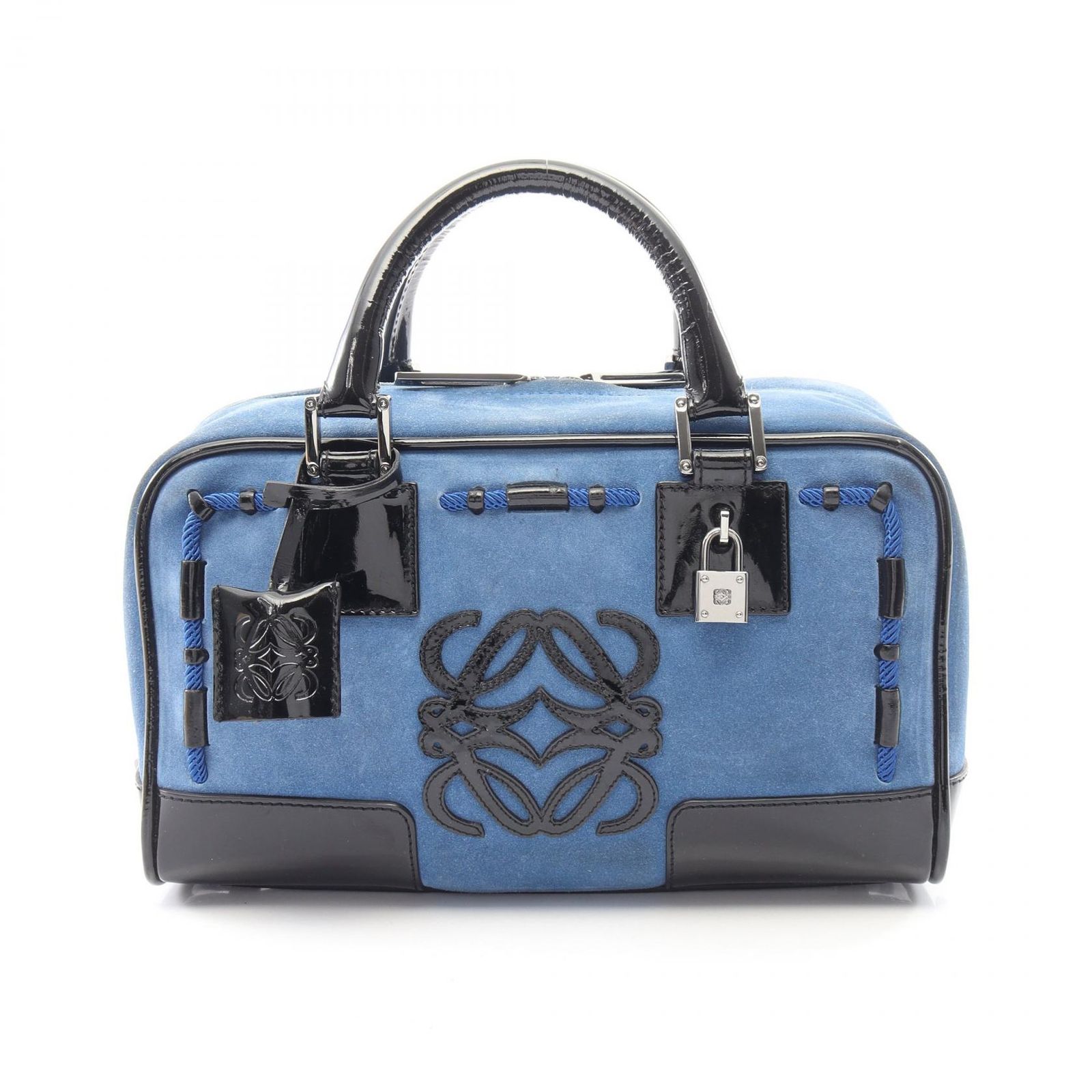 ロエベ LOEWE ハンドバッグ アマソナ28 ブラック/ブルー スウェード パテントレザー アマソナ 28 レディース Used B
