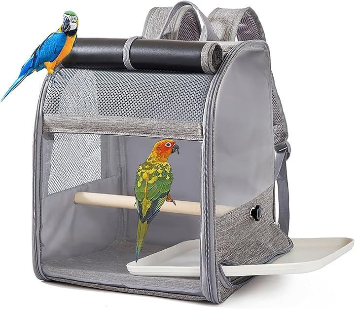 Boono 鳥用 キャリーバッグ インコ リュック 軽量 通院用 止まり木付き 2～3匹用 (グレー)