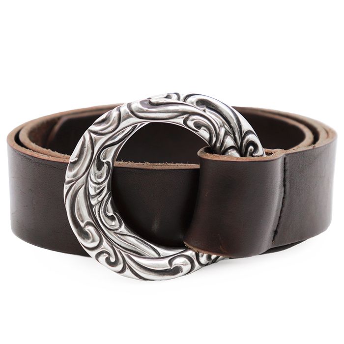 CHROME HEARTS クロムハーツ ダブルスクロールリングベルト サイズ ウエスト約90.5cm メンズ レザー シルバーバックル 小物 ダークブラウン シルバー 茶色 銀色