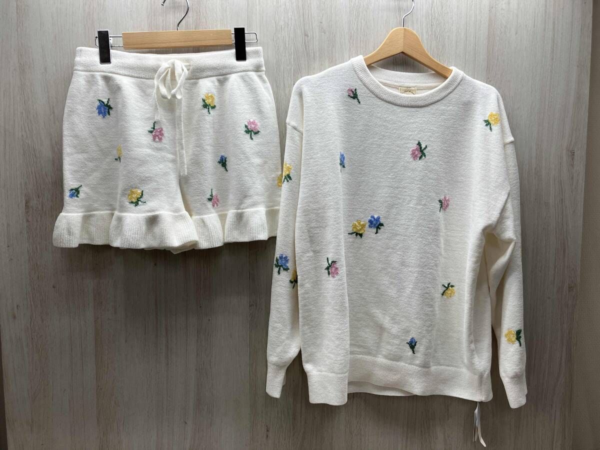未使用品 gelato pique/ジェラートピケ エアモコ 小花 ジャカード プルオーバー&ショートパンツ OWHT ブルオン ミッドライズ レディース F