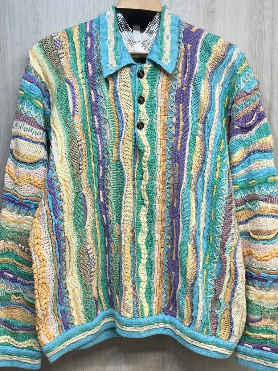 COOGI オーストラリア製 ヴィンテージ 3D ニット ポロシャツ クージー パステルカラー コットン セーター 長袖 メンズ M