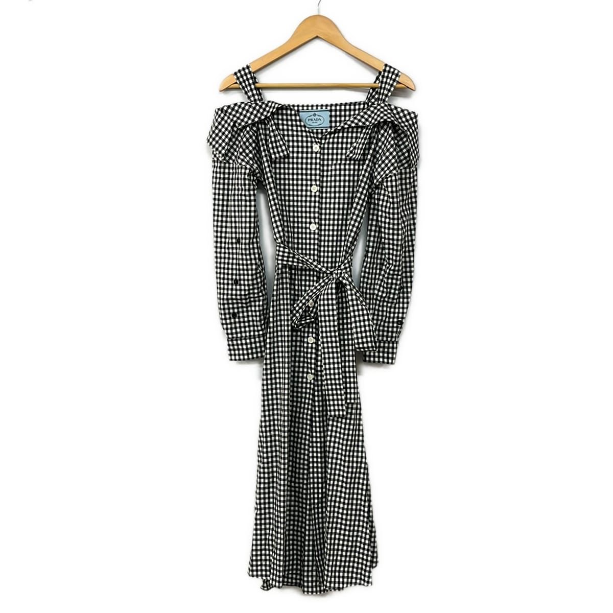 PRADA(プラダ) ワンピース サイズ38S レディース美品 - 黒×白 長袖/ロング/チェック柄