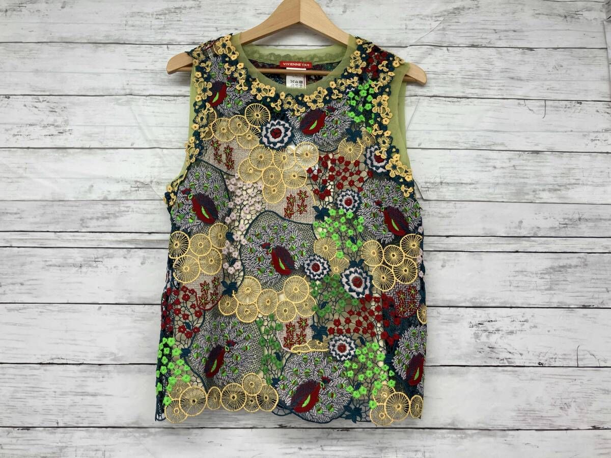 VIVIENNE TAM／キャミソール・ノースリーブ・チューブトップ／ブラウス／フラワーレース／刺繍／マルチグリーン／09176511／Lサイズ 14,567円