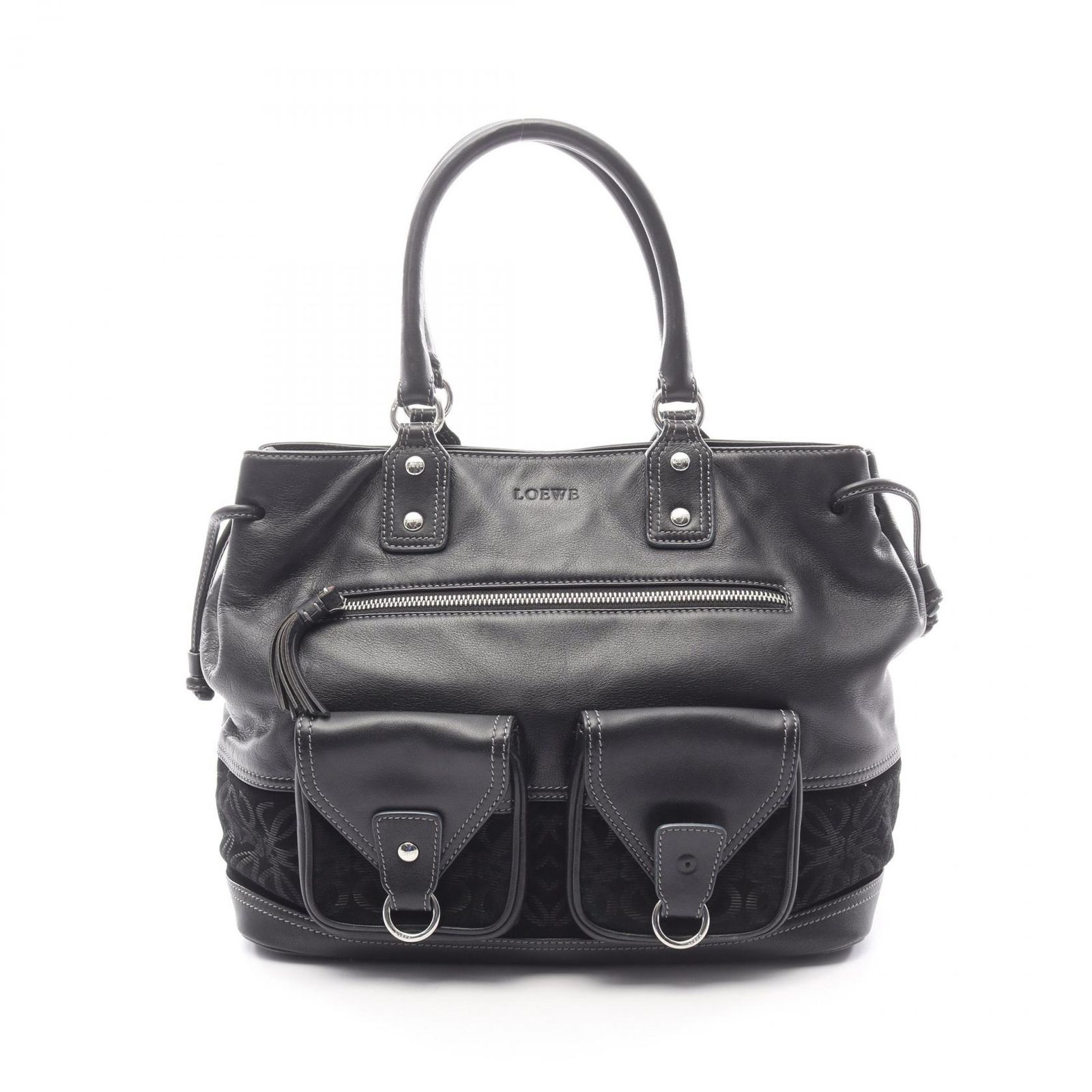 ロエベ LOEWE ハンドバッグ アナグラム ブラック レザー スウェード アナグラム ハンドバッグ レディース Used B