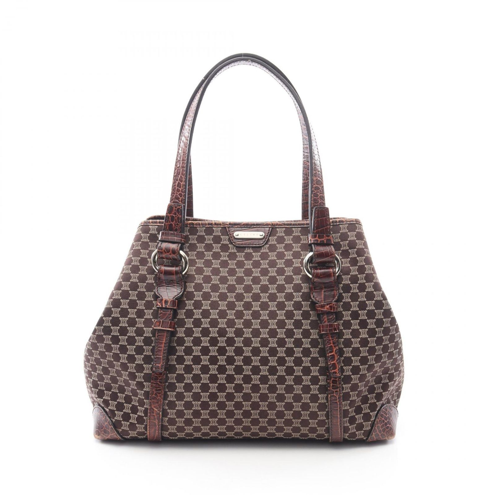 セリーヌ CELINE トートバッグ マカダム クロコ型押し ブラウン キャンバス レザー マカダム トートバッグ レディース Used B