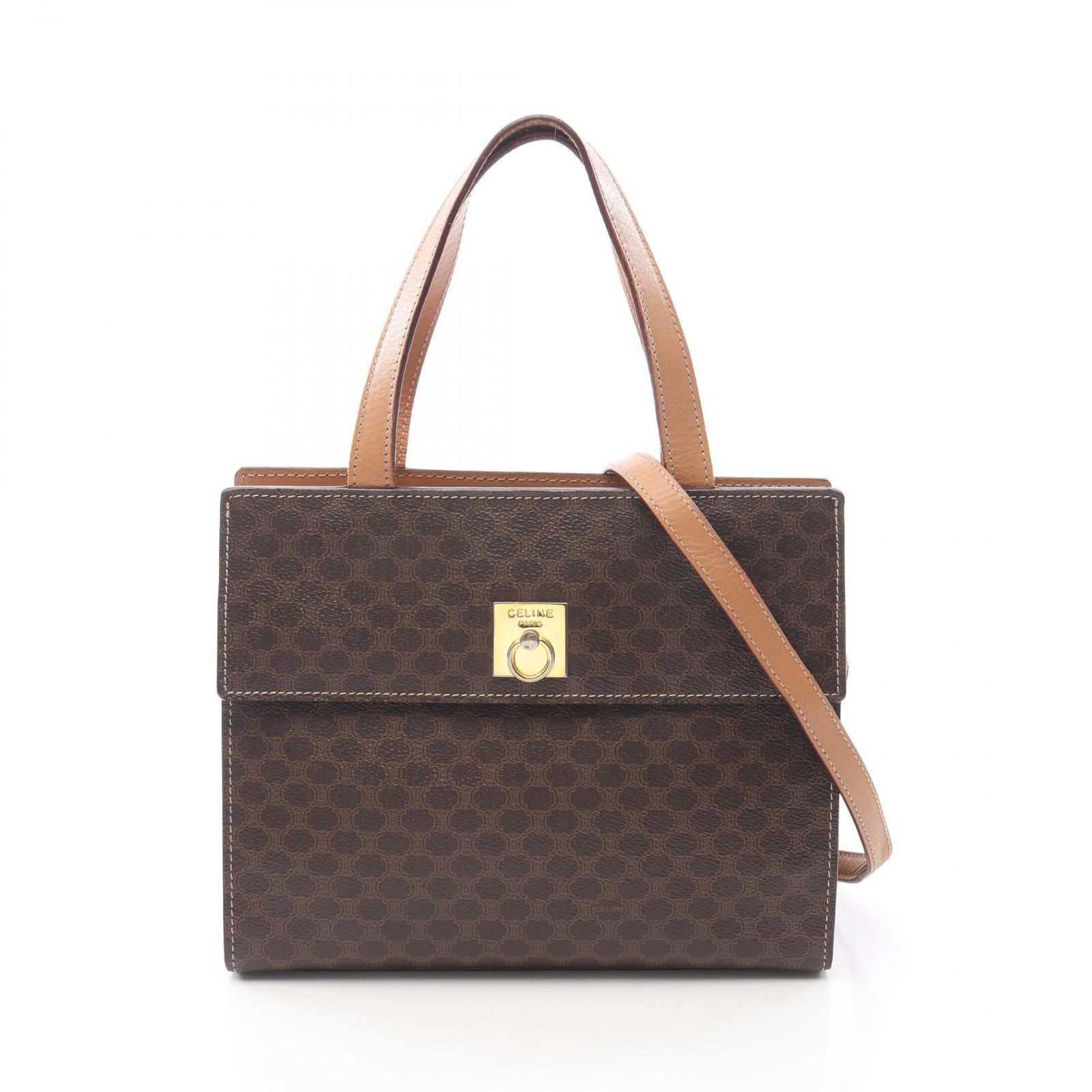 セリーヌ CELINE ハンドバッグ マカダム ダークブラウン PVCコーティングキャンバス レザー マカダム 2wayショルダー レディース Used B