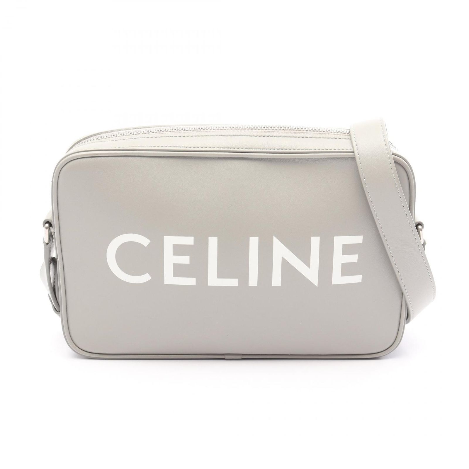 セリーヌ CELINE ショルダーバッグ ミディアム メッセンジャー グレー レザー ロゴプリント ミディアム ショルダーバッグ レディース Used A