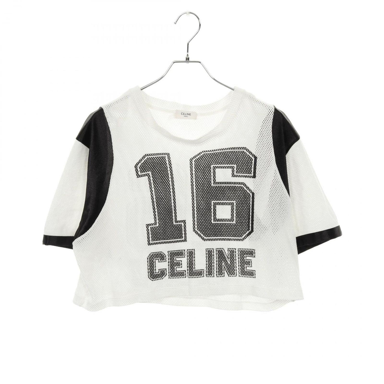 セリーヌ CELINE カットソー 16 CELINE プリント クロップド メッシュ コットン Tシャツ レディース Used B