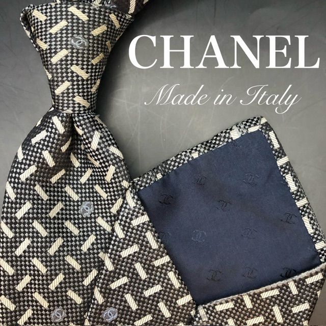 CHANEL ネクタイ ブラック ベージュ 幾何学模様 総柄 クロス柄