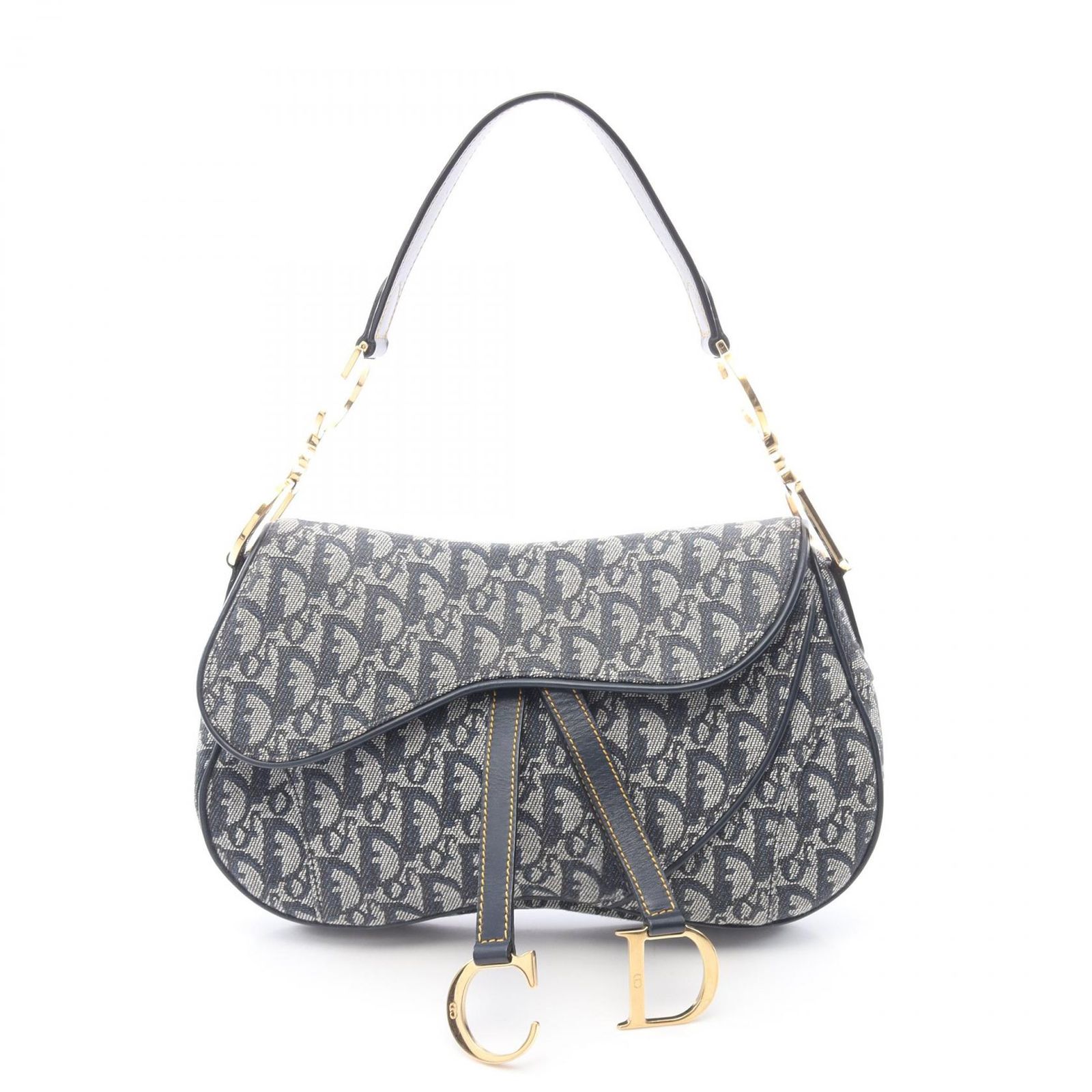 ディオール Dior ハンドバッグ ダブルサドルバッグ トロッター ベージュ/ネイビー キャンバス レザー トロッター ダブルサドルバッグ レディース Used B