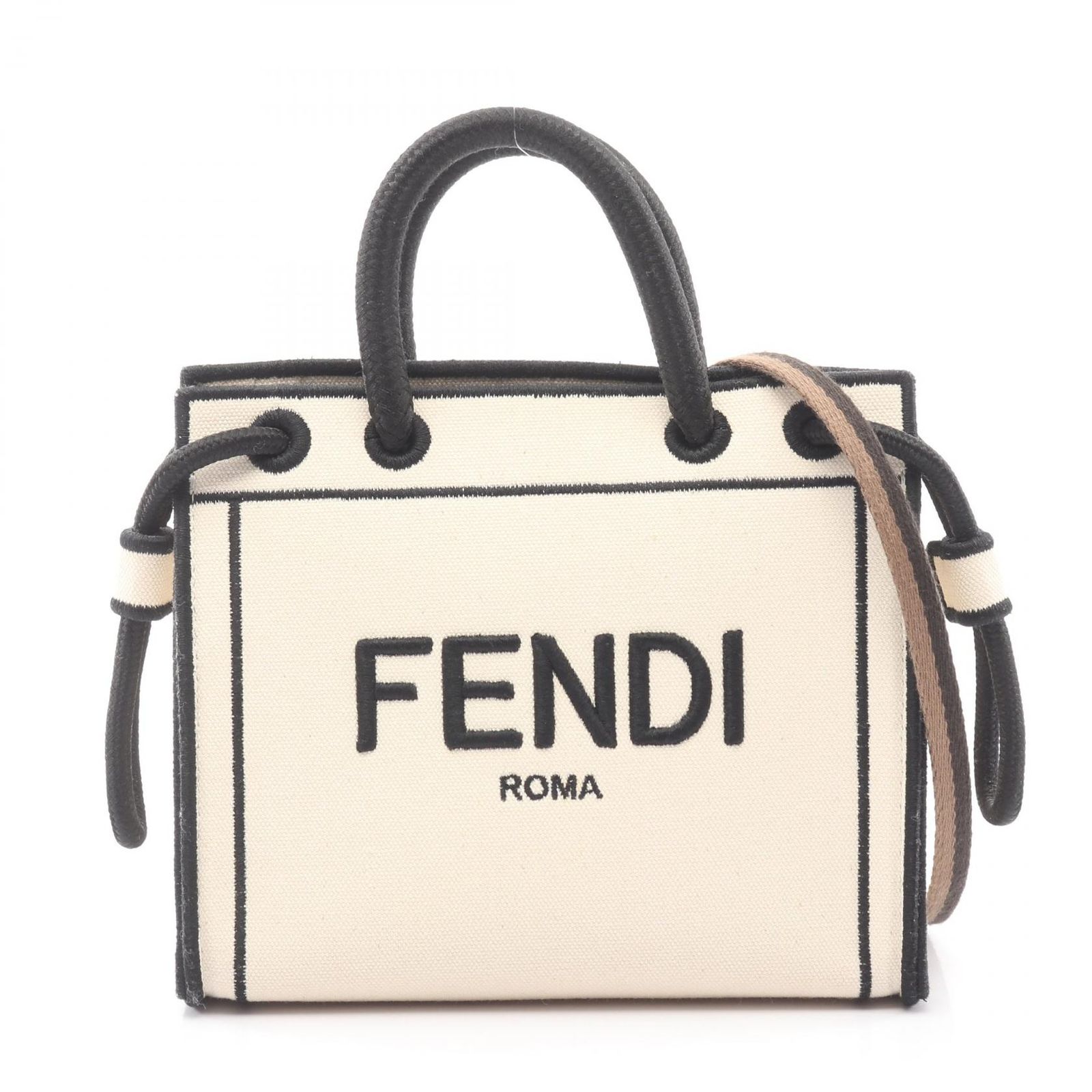 フェンディ FENDI ハンドバッグ 8BH380 ナチュラル/ブラック キャンバス ROMA ミニ ショッパー レディース Used A