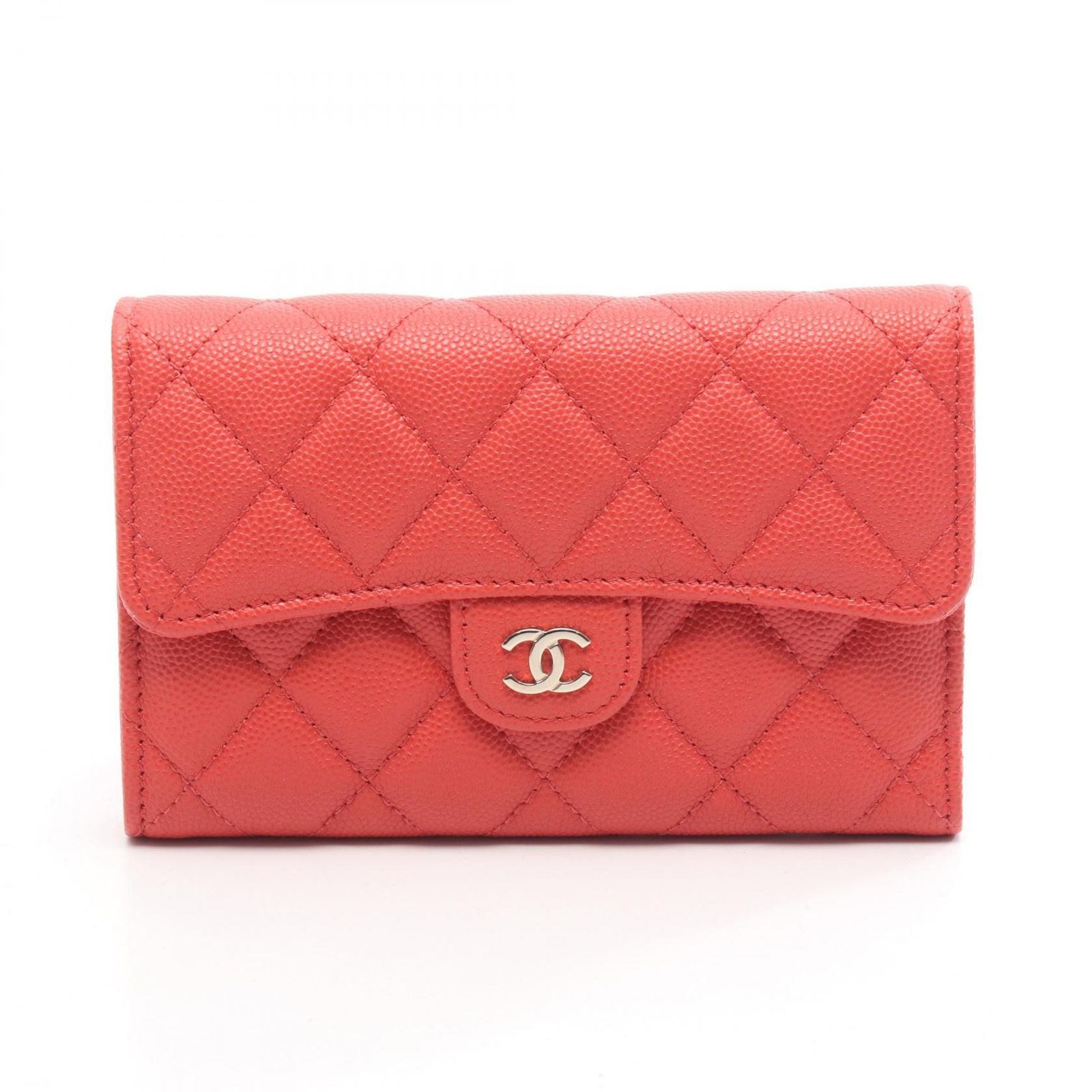 シャネル CHANEL 三つ折り長財布 マトラッセ コーラルレッド レザー カーフ(牛革) マトラッセ 三つ折り財布 レディース Used A