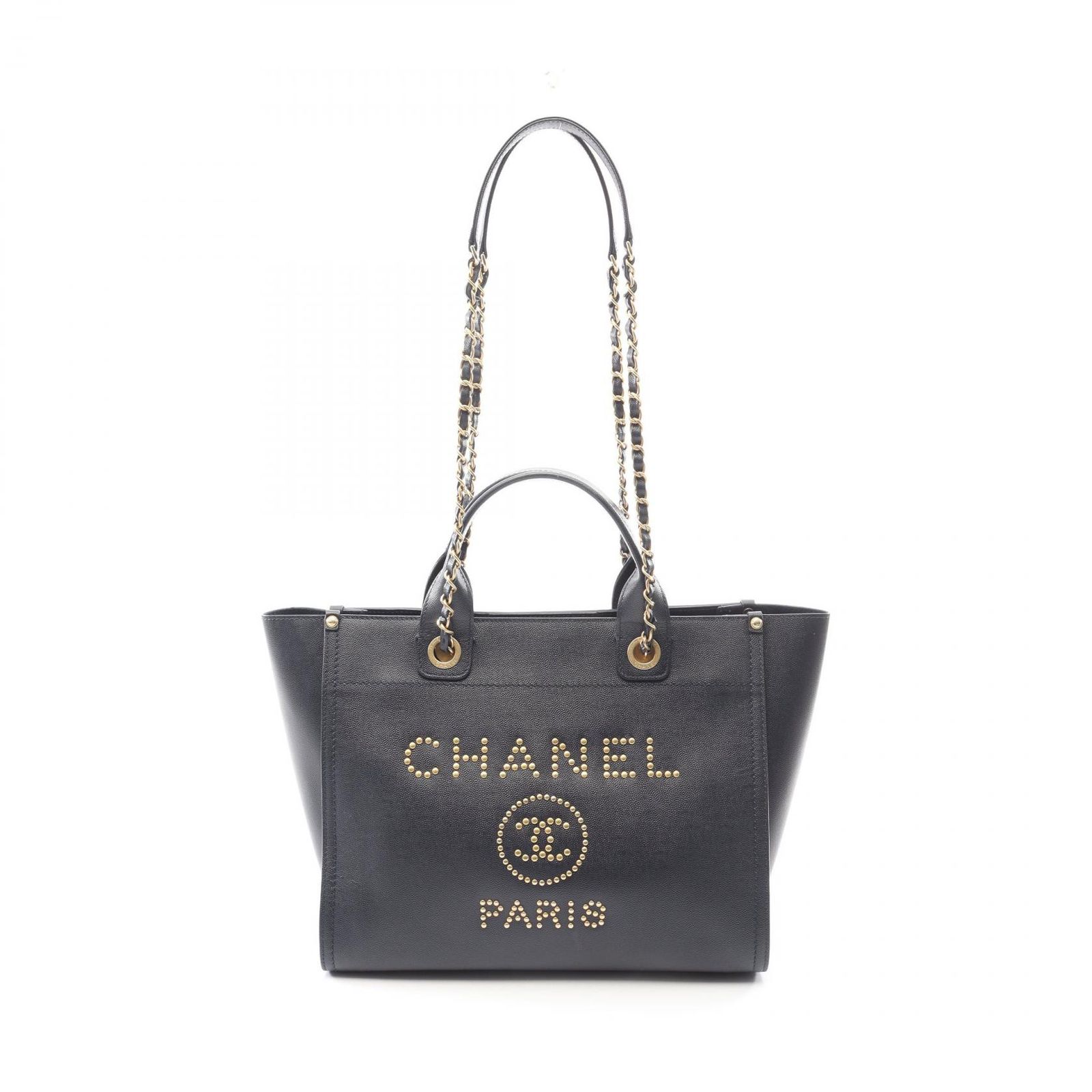 シャネル CHANEL トートバッグ ドーヴィル A57069 ネイビー レザー ドーヴィル ロゴスタッズ チェーントート レディース Used A