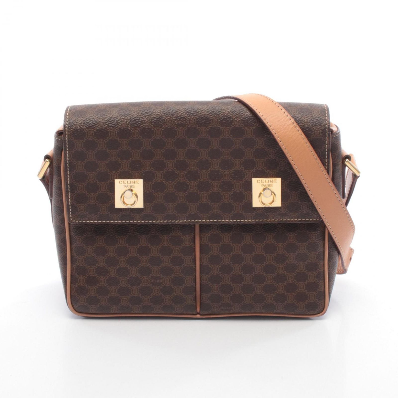 セリーヌ CELINE ショルダーバッグ マカダム ダークブラウン/ナチュラル PVCコーティングキャンバス レザー マカダム ショルダーバッグ レディース Used A