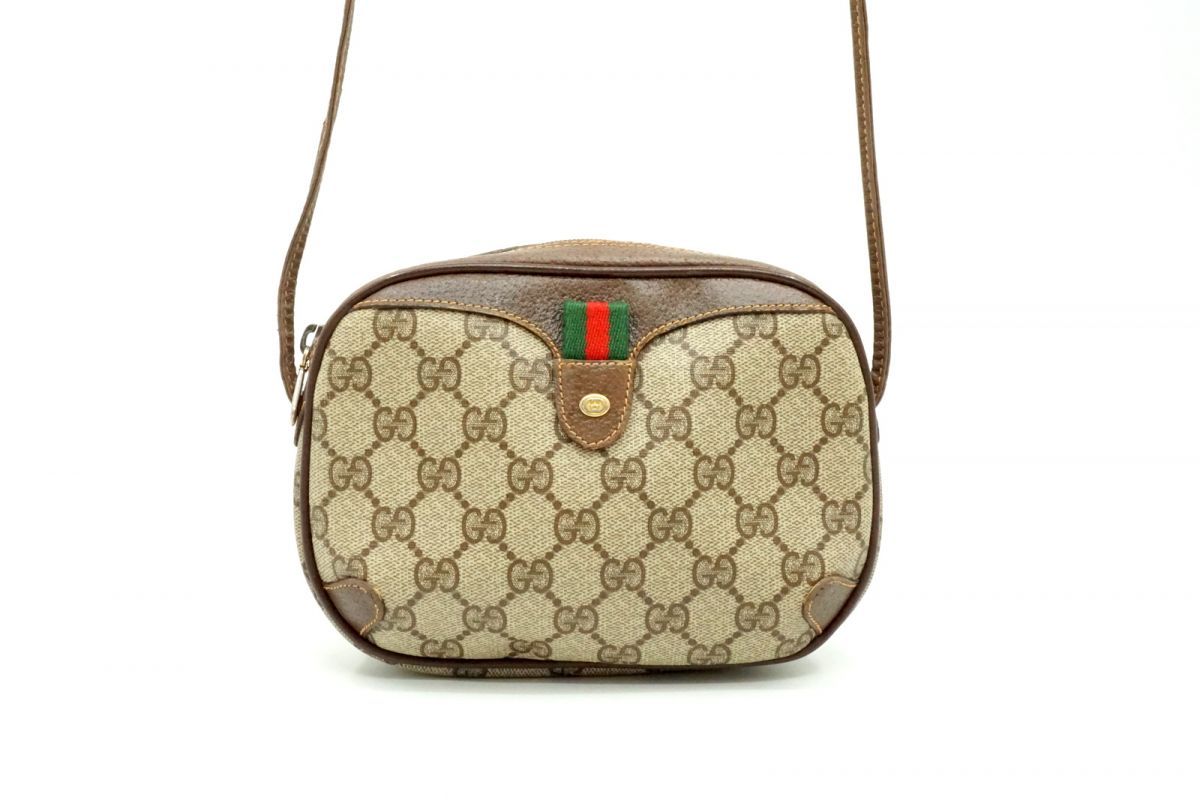 オールド グッチ ヴィンテージ シェリーライン ミニ ショルダーバッグ GGプラス PVCレザー 89 02 066 茶 ブラウン GUCCI 6409h