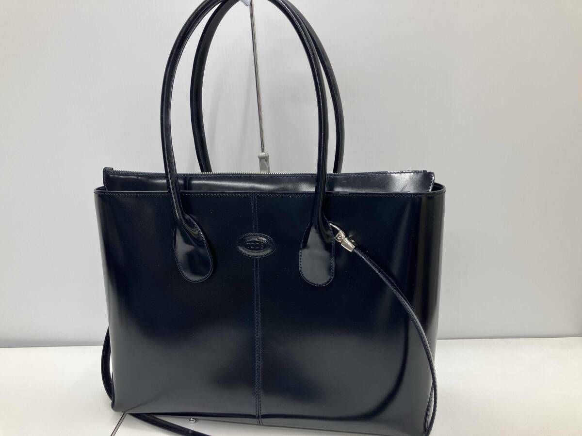 TOD'S トッズ レザーバッグ トートバッグ ショルダーバッグ ネイビー 光沢レザー 角スレ有り