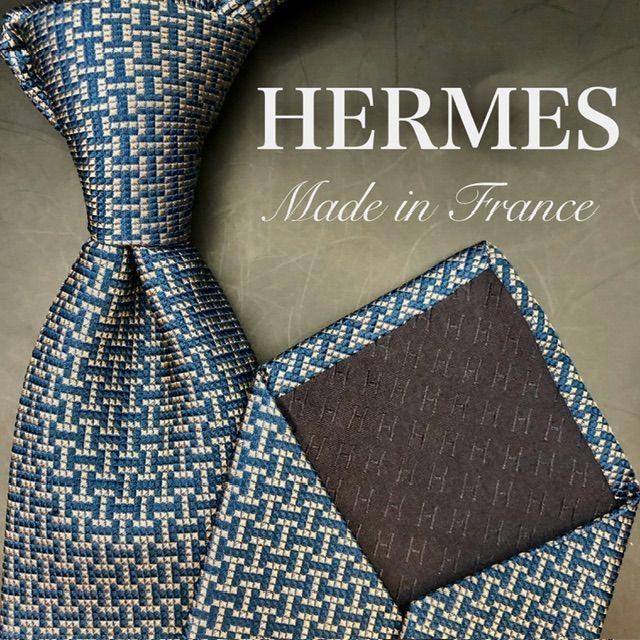 HERMES エルメス ネクタイ ブルー ベージュ H柄 幾何学総柄