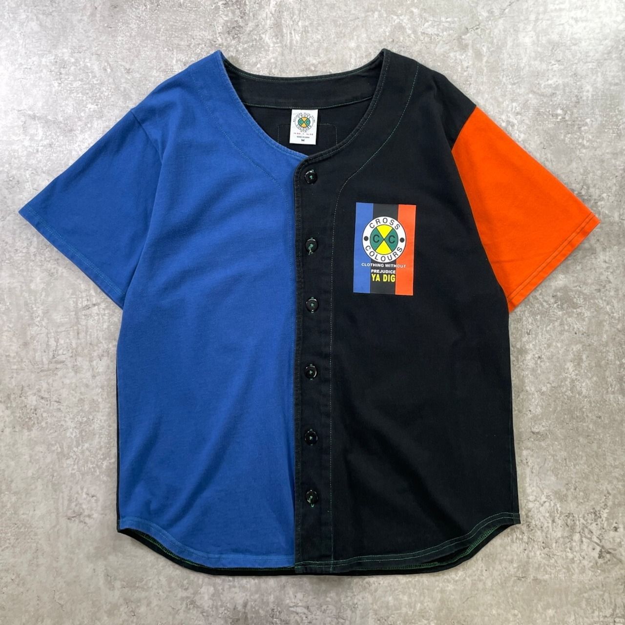 CROSS COLOURS クロスカラーズ クレイジーカラー ベースボールシャツ メンズL相当 古着 半袖スウェット ブラック ブルー オレンジ